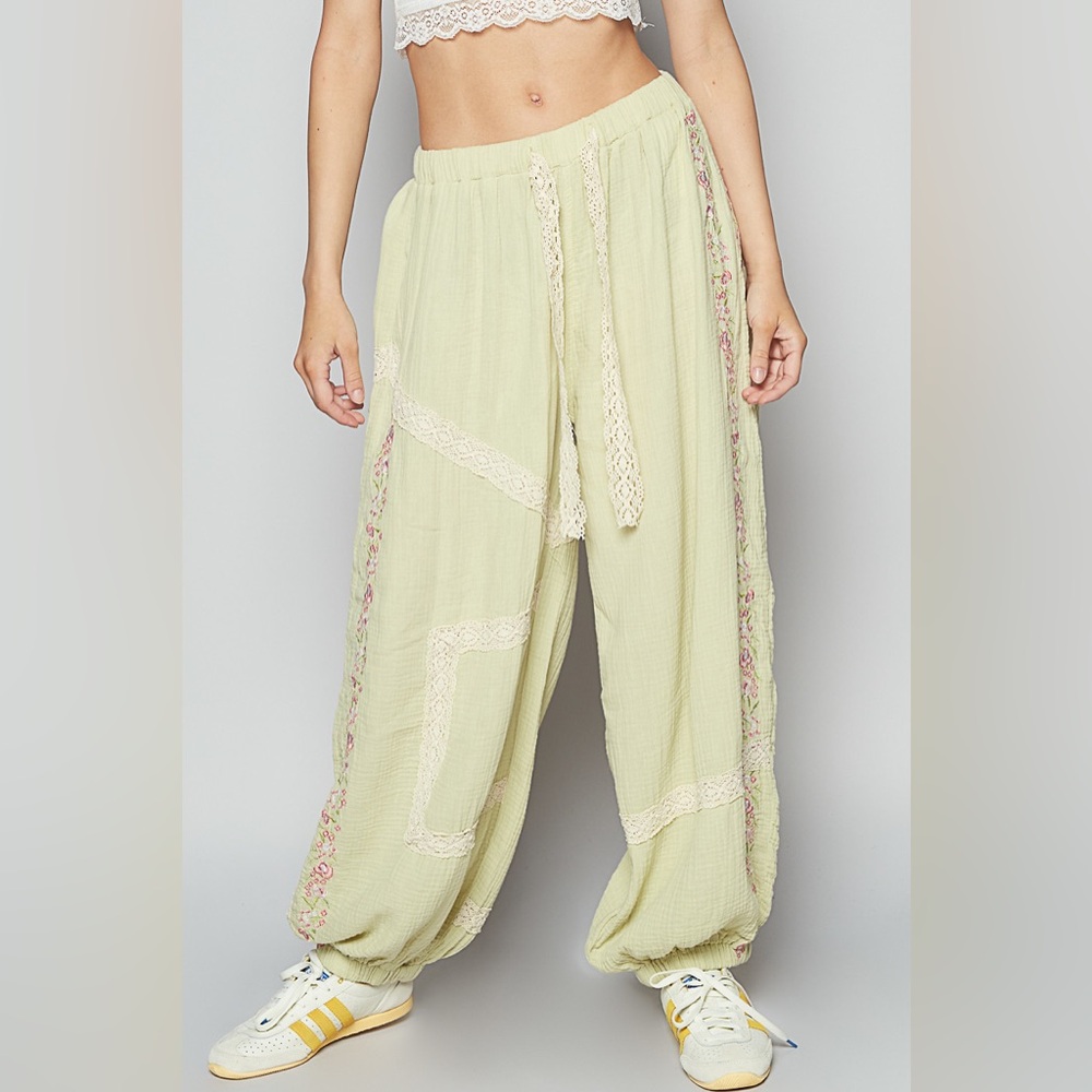 #248. Floral Embroidery Boho Joggers- Avocado